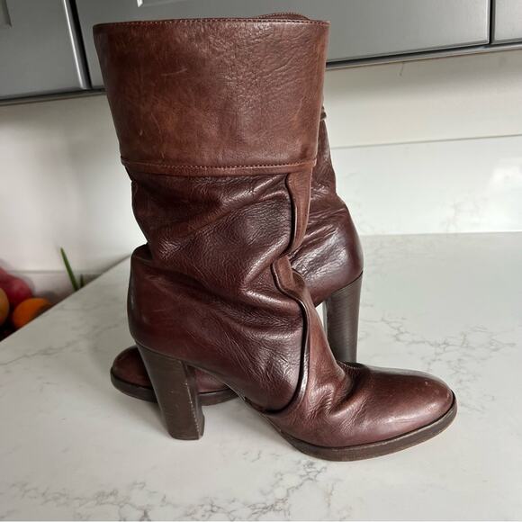 Max & Co Brown Leather Heeled Slouchy Mid Calf Boots Womens size 38 - Picture 2 of 14